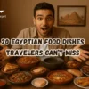 A picture of a food blogger blogging Egyptian popular dishes such as koshary, Aish baladi bread, molokhia, ful medames & taameya, areesh cheese, and much more.