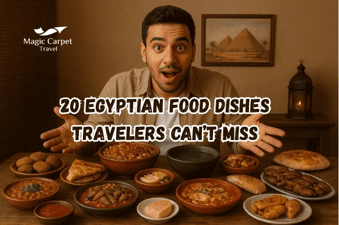 A picture of a food blogger blogging Egyptian popular dishes such as koshary, Aish baladi bread, molokhia, ful medames & taameya, areesh cheese, and much more.