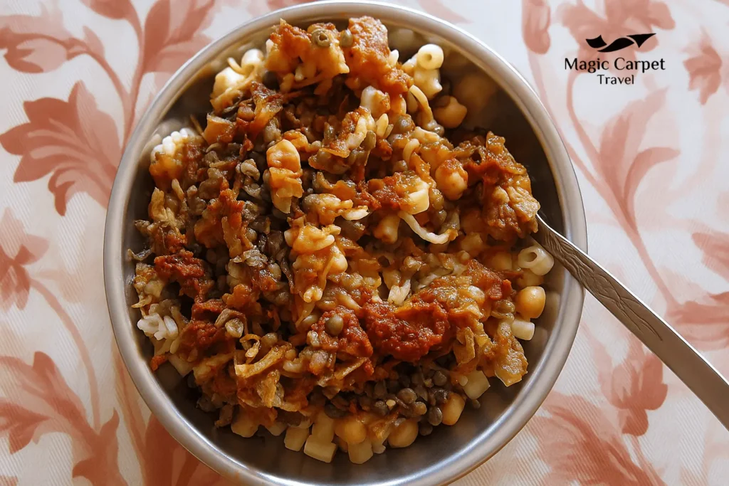 Koshary, the most Egyptian popular food, and cosists of pasta, rice, onion, tomato sauce, and chickpeas.