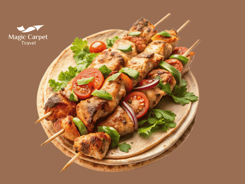 Shish Kebab is an Egyptian meal consists of grilled lamb meat and vegetables.