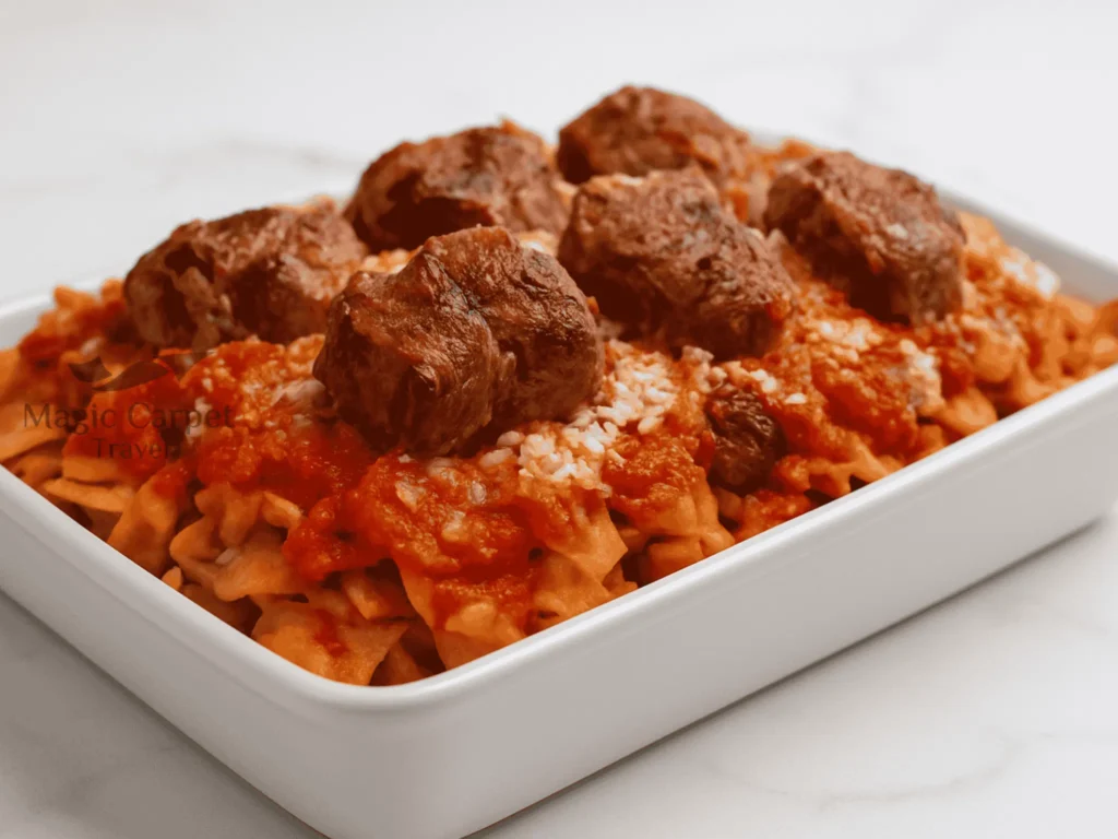 Fattah is an authentic Egyptian food for lunch meal consists of rice, meat, and crispy bread, all are topped with tomato sauce.